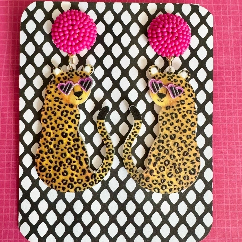 New Eclectic Acrylic Leopard w/ Heart Sunglasses & Pink Beads Earrings - 3”